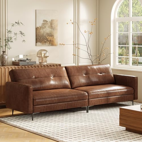 3-Sitzer Sofa in Vintage Lederoptik – Kompaktes Kunstleder Sofa mit Knopfheftung, Metallfüßen & Geraden Armlehnen, Braun – Retro Couch für Wohnzimmer, Büro oder kleine Wohnung (220cm Streifendesign)