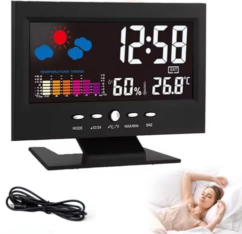 CHENRI Digital LED Temperature Humidity Monitor Weather Forecast LED Table Alarm Clock, Wetterstation Thermometer Innen/Außen, Digital Farbdisplay LED Tischwecker, Wetterstation für Haus und Büro