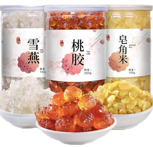 Peach Gum, Snow Swallow & Saponin Rice Kernel Combo, No Impurities, Natural Edible Nourishing Ingredients, Ready for Stewing Dessert & Drinks (500g, Peach Gum250g;Snow Swallow150g;Saponin Rice 100g)