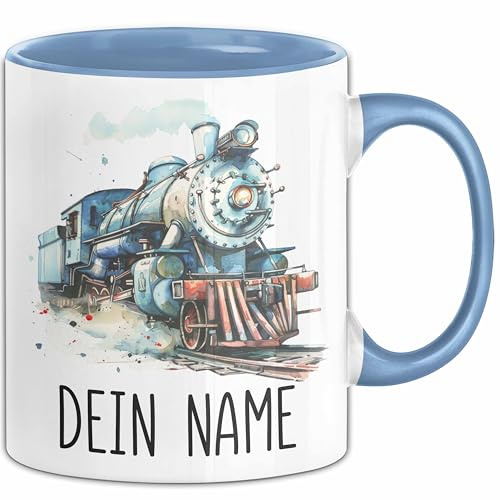 Zug Tasse mit Namen – Personalisierte Tasse Geburtstag Geschenkidee süßes Zugmotiv Namenstasse (Blau)