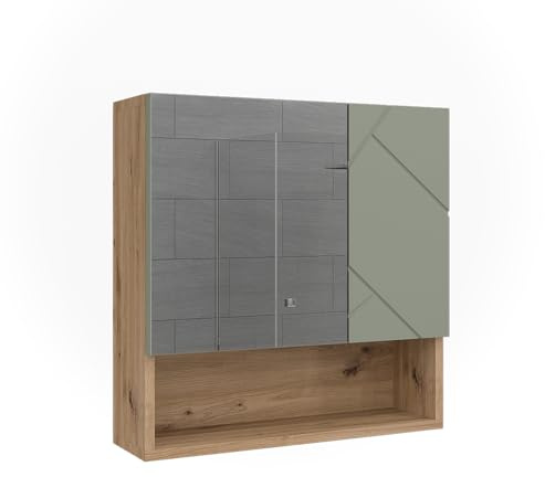 Vicco Spiegelschrank Irma, Salbeigrün, 54 x 55 cm | zur Wandmontage mit Spiegel und offenen Ablageflächen