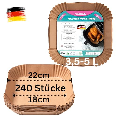 Triple k&s Backpapier für Heißluftfritteuse Philips 3,5-5 L, 240 Stück 18x18 cm Air fryer Papier Antihaft Einwegschalen Luftfritteuse Pergamentpapier Liner Kompatibel mit COSORI Cecotec Airfryer