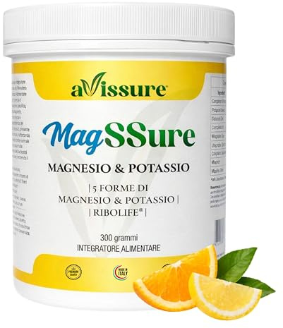 avissure™ MagSSure, 5 Forme 3+2 Magnesio e Potassio, 300 g, 45 Dosi, Agrumi | 3 Forme di Magnesio + 2 di Potassio, Ossido, Citrato, Bisglicinato, Ribolife®, Formula Vegana, Senza Glutine, Lattosio, OGM