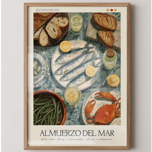 MJ-GRAPHICS® Wandbild Meeresfrüchteposter Fisch Kunstdruck mediterran Deko blau beige Küche Bilder Vintage Tisch gedeckt mit Essen spanisch Atmosphäre A4 mit beigem Rahmen