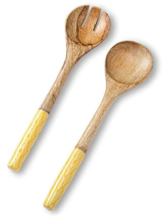 Folkulture Salad Servers, Wooden Utensils for Serving Salad, 12-inch Mango Wood, Yellow Ikkat, Set of 1