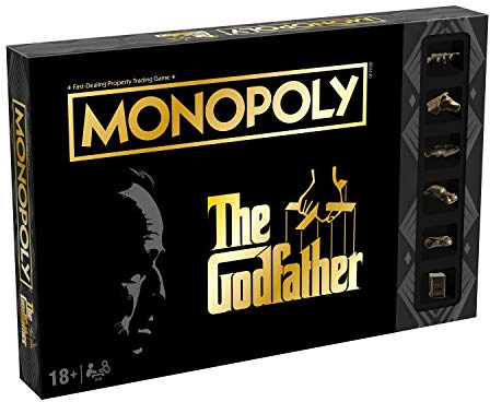 Winning Moves The Godfather Monopoly Board Game, Advance to Johnny Fontane, Kay Adams and Michael Corleone, expand your empire and trade your way to victory, 2-6 player game