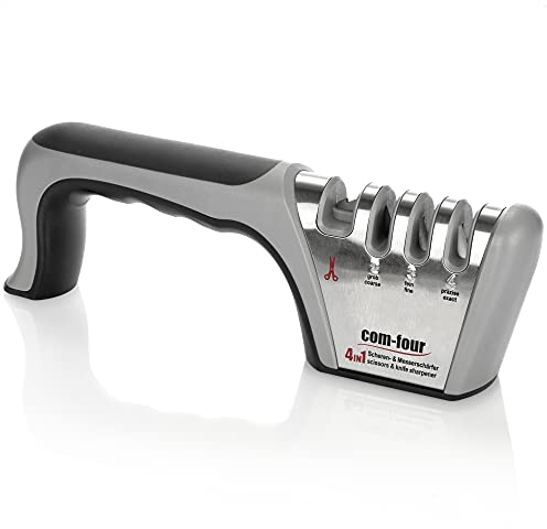 COM-FOUR® Aiguiseur de couteaux à 4 niveaux - également adapté aux ciseaux - Aiguiseur de couteaux manuel - aiguiseur (1 pièce - couleur argent. Gris. noir)