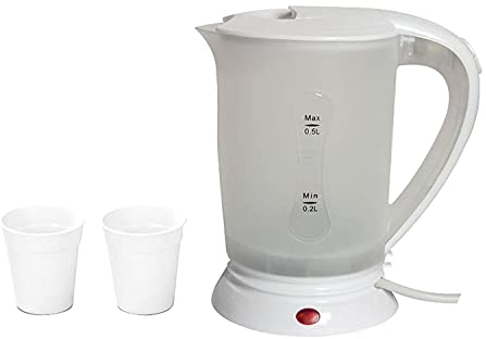 LUXE DIVA® New 0.5LITRE Dual Voltage Small Electric Travel Kettle in White Colour + 2 Cups