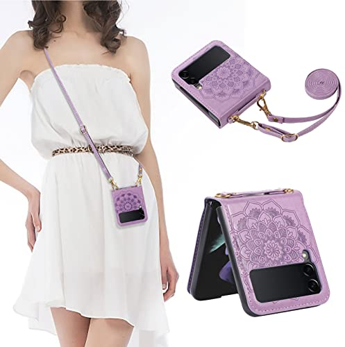 SORAKA Shinyzone Kompatibel mit Samsung Galaxy Z Flip 4 5G 2022 Hülle mit Kette,Galaxy Z Flip 4 Lederhülle mit Kordel zum Umhängen Abnehmbar,Premium PU Mandala Blume Klappbare Handyhülle,Violett