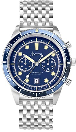 Accurist Dive Mens Analogue Watch 42mm dial Silver Stainless Steel | Chronograph with date display, 200 Metres Water Resistance, Japanese quartz movement