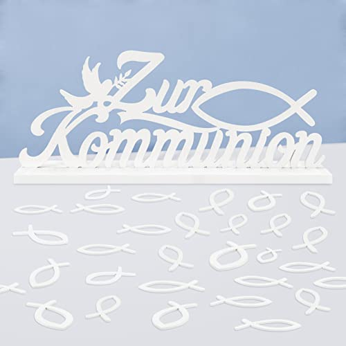 Konfirmation Tischdeko,1 STK Konfirmation Tischdeko Schriftzug Aufsteller Zur konfirmation tischdeko Holz 45 STK Streudeko Fische Holz Dekoration für Taufe Konfirmation Junge Mädchen (Weiss)