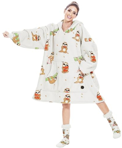 THREE POODLE Übergroße Decken Hoodie und Kuschelsocken 2er Set, Sherpa Sweatshirt Hoodie und Stoppersocken für Damen Herren Kinder, Einheitsgröße