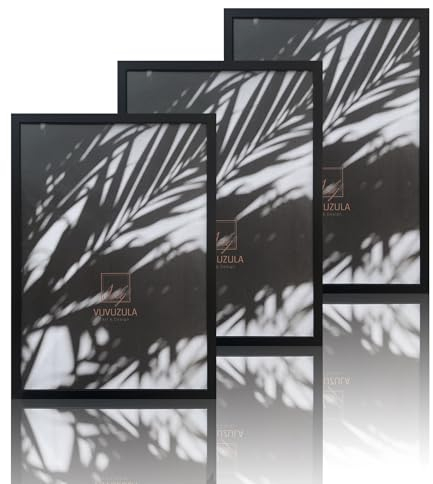 VUVUZULA Bilderrahmen A2 Schwarz Holz Fotorahmen Holzrahmen MDF Rahmen DIN A2 3er Set
