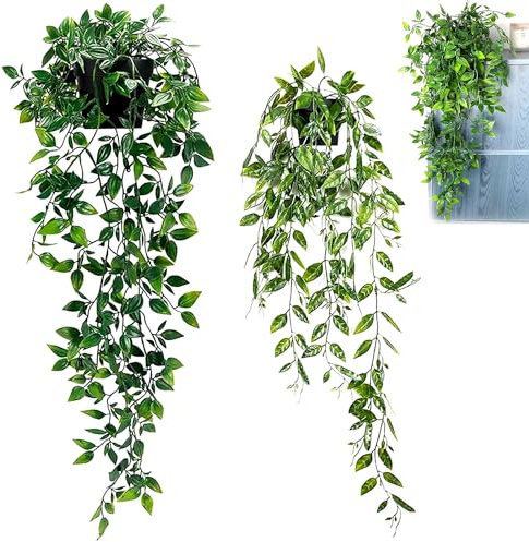 BLLREMIPSUR 2 Pack Hanging Plants - Decorative Fake Plastic Greenery Faux Plants for Home Kitchen Garden Office Wedding Hanging Pot Wall Decoration