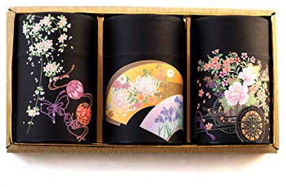 Original japanisches Teedosen Set HANAGURUMA Japan Geschenkset mit Aromaverschluss in Geschenkbox für 3 x 150g Teeblätter Ø 7,5 cm, H 12,5 cm
