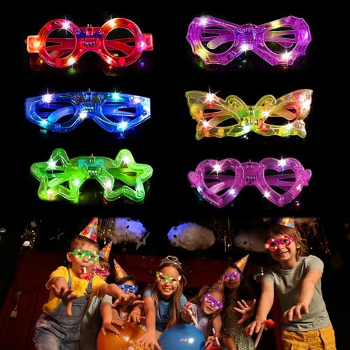 EKKONG LED Brille für Party 6 Stück Leuchtbrille Leuchtende Brillen Herzförmige Schmetterlings Sterne Form LED Partybrille für Geburtstag Karneval Halloween Party Spielzeug Geschenk