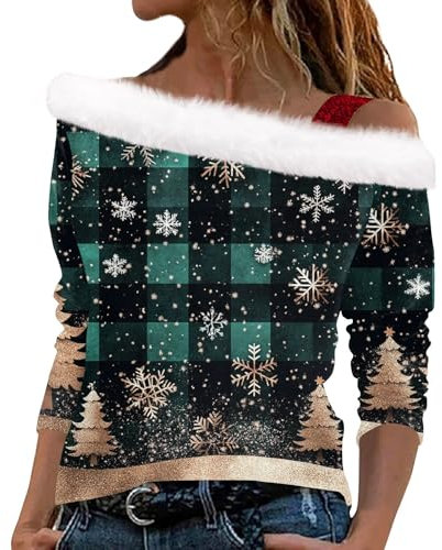 Plüsch Schulterfrei Langarm Pullover Mit Schulterriemen Off Shoulder Weihnachtspullover Glitzer Chritmas Drucken Oberteile Mesh Weihnachtsbluse Weihnachtsshirt Langarm Tunika Tops(Dark Green,S)