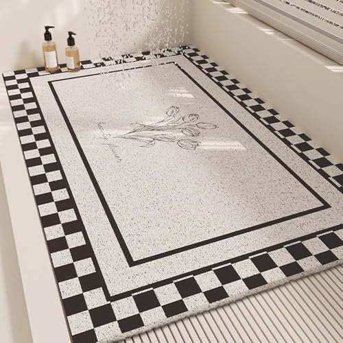Surwin Tappetino da Doccia Antiscivolo, Moderno Stile Tappetino da Bagno in Luffa PVC, Morbida Tappeto Antiscivolo Lavabile Asciugatura Rapida Tappetino da Doccia (80x120cm,Scacchiera)