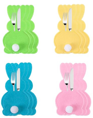 Zmupl 12STK Besteckhalter Ostern Filz, Tischdeko Ostern Bestecktasche, Osterhase Filz Bestecktasche Geschirr Besteckhalter Messer Gabeln Löffel Halter Ostern Party Tischdeko (Rosa Gelb Grün Blau)