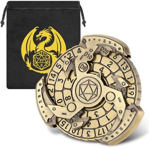 DND Ruota Dadi Spinner, Gyro di Dito, 7-in-1Metallici D&D Dadi, Spinner di Dadi a Roulette, Regali di D&D con Sacchetto Regalo Logo Drago, Accessori per Giochi di Ruolo e Giochi di Società, Bronzo