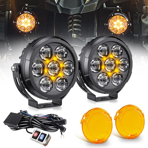 CO LIGHT Feux Additionnels Moto LED Stroboscope 15600LM Phare Moto 3 Modes Kit de 2 Complet avec Capot Ambré Amovible Supports et Câblage Universel pour Éclairage Avant Off-Road Route et Brouillard