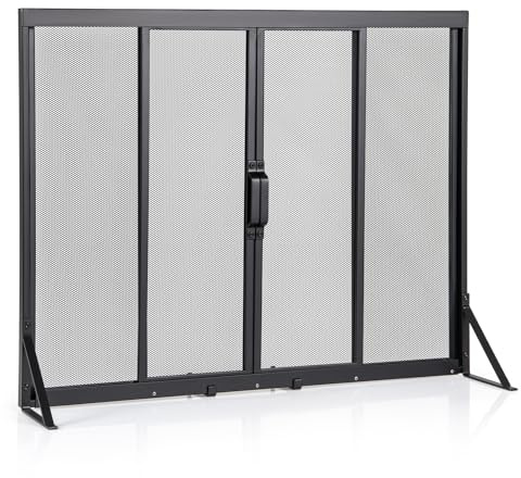 GIANTEX Salvachispas de Metal con Puertas Correderas, Pantalla Protector de Chimenea 89x72/96x79 cm, Biombo Chimenea con Soporte Triangular (89 x 72 cm)