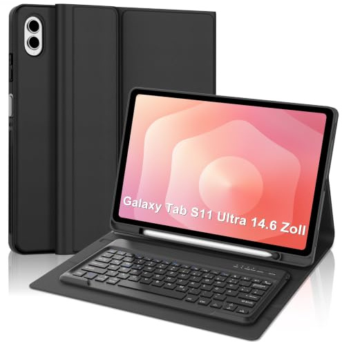 Tastatur für Samsung S11 Ultra/S10 Ultra/S9 Ultra/S8 Ultra 14,6 Zoll | QWERTZ Kabellose Bluetooth Hülle mit Tastatur für Samsung Galaxy Tab S11 Ultra 2025 mit Stifthalter, Schwarz