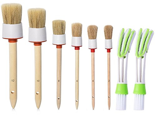 ccmart Natürliche Wildschweinborsten Bürste (Set of 6), Auto Details Pinsel-Set für Reinigung Räder, Armaturenbrett, innen, außen-, Leder, Embleme mit 2 Automotive Klimaanlage Reiniger und Bürste