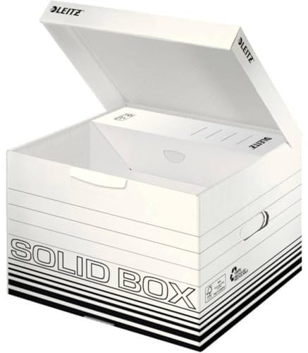 Leitz Solid Box Storage and Transport Box, Size M, Box for A4 Folders, Transport Box with Hinged Lid, Foldable Cardboard, 100% Ribbed Recycled Cardboard, Pack of 10, White, 61180001