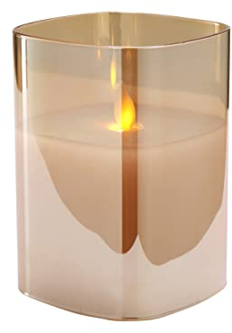 Hochwertige & Eckige LED Kerze im Glas Windlicht - Flammenlose & Flackernde Echtwachskerze (Gold, Höhe:12,50cm)