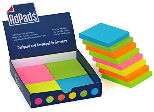 AdPads® selbstklebende Haftnotizzettel | 75 x 70mm, 12 Blöcke à 100 Blatt, Set Bunt Neonfarbe | Große Sticky Notes Box
