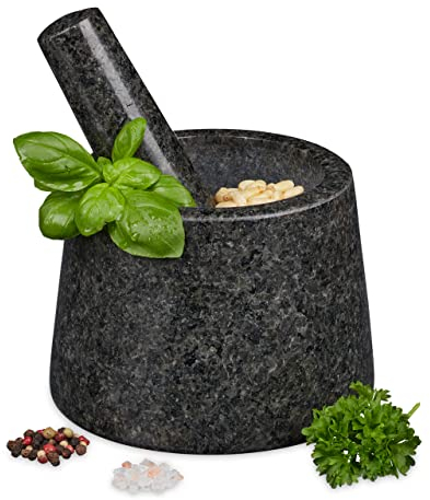Relaxdays Mortero con Mano, Granito, Duradero, Especias y Hierbas, Moledor Piedra Pulida, 13,5 cm Ø, Gris Oscuro