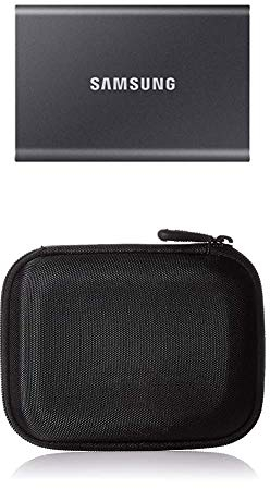 Samsung T7 Portable SSD - 1 TB - USB 3.2 Gen.2 Externe SSD Titan Gray (MU-PC1T0T/WW) + Amazon Basics Festplattentasche, schwarz