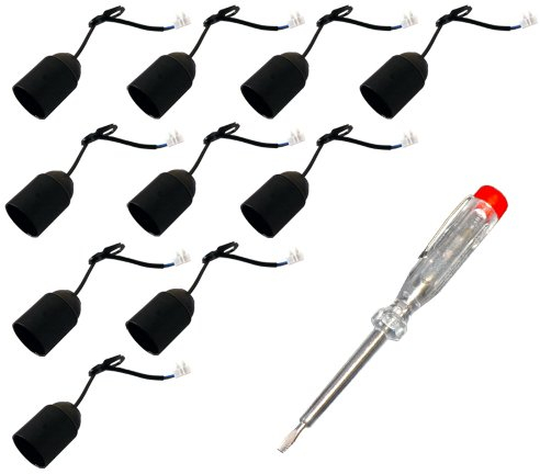 10 x Baufassung Lampenfassung Renovierfassung Fassung E27 schwarz + Phasenprüfer (Schwarz E27 mit Lüsterklemme)