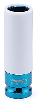 CASOMAN 1/2-Inch Drive Wheel Protector Impact Socket-17mm, Thin Wall Deep Impact Socket, 6-Point, Non-Marring, Color-Coded, Laser-Etched, Metric, CR-MO