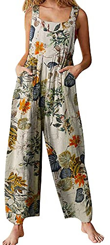 Springcmy Women's Loose Overall Dungarees Floral Jumpsuit Sleeveless Casual Baggy Playsuit Summer Wide Leg Long Pants Romper (C-Yellow, L)