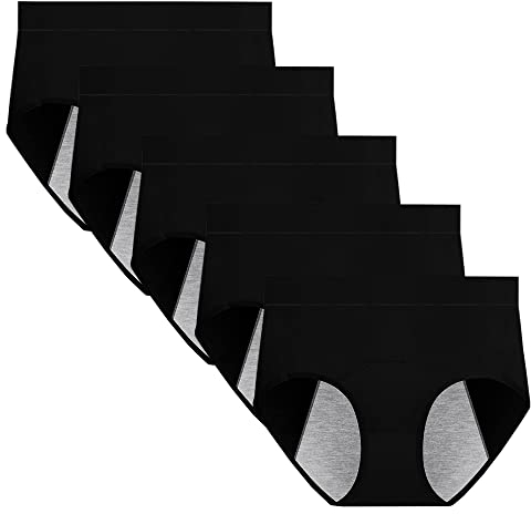 Anntry Damen Periodenhose Mittelhohe Taille nach der Geburt Unterwäsche Auslaufsichere Menstruations-Baumwollhöschen 5er-Pack (M, 5Schwarz)