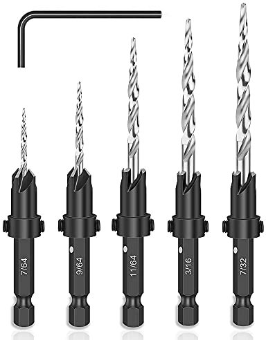 Mesee 5Pcs Forets Fraise à Chanfrein en Tige Hexagonale de 1/4 Pouce Set de Foret Fraisage Bois HSS avec Petite Clé, Kit de Mèche Hélicoïdale Conique en Acier Rapide pour Poinçonnage et Chanfreinage