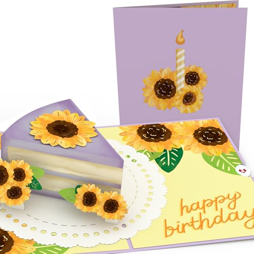 Lovepop® 3D Pop-Up Karte Geburtstag lila Sonnenblumen Kuchentück Geburtstagskarte birthday card | inkl. Umschlag & Versteckfach für Geld & Gutscheine