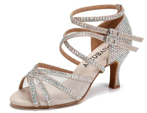 RUYBOZRY Scarpe da Ballo Donna Latino Stivaletti Aperti Donna con Tacco Scarpe da Ballo Strass Salsa Bachata,YCL508-Gold-7.5,EU 38