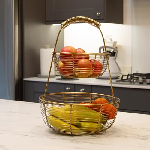Gold Metal Fruit Basket Bowl - Modern Nordic Fruit Tiered Organiser - for Kitchen Counter Top Home Decor