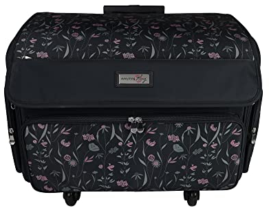 Everything Mary Faltbarer Deluxe-Nähmaschinen-Aufbewahrungskoffer mit 4 Rollen, Schwarz – Tragetasche für Brother, Singer, Rosa und Grau mit Blumenmuster, Kompatibel, tragbar