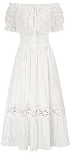 SCARLET DARKNESS Women Summer Vintage Renaissance Dress Short Sleeve Cotton Flowy Victorian Dresses White S
