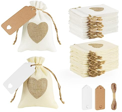 30 Jutesäckchen Herz zum Befüllen,10x14cm Sackleinen Taschen mit Kordelzug+30 Karten+10m Hanfseil,Wiederverwendbarer Geschenktüten Jutebeutel für DIY Weihnachten Ostern Hochzeit Thanksgiving,2 Farben