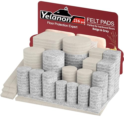 Yelanon Filzgleiter selbstklebend 216 Stück, Schneidbarer Filz für,Kratzfeste Möbelgleiter für Stühlemöbelgleiter,Möbelgleiter,Chair Leg Floor Protectors,Beige Und Grau