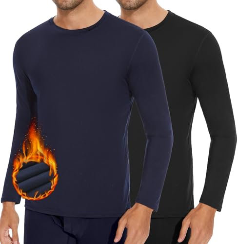 SIMIYA Mens Long Sleeve Thermal Tops, Crew Neck Thermal Underwear Winter Warm Base Layer Thermals T-Shirt Vest(Black+Royal Blue,L)