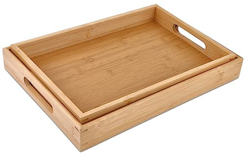 Bandejas de bambú para servir con asas, juego de 2 bandejas de fiesta para servir alimentos, bandeja decorativa pequeña de madera, bandeja rectangular grande para mesa de café otomana (bambú natural)