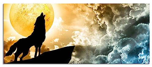 Pixxprint Glasbild Panorama, Wandbild aus Echtglas, Wolf heult den Mond an, 100x40 cm, inkl. Aufhängung und Abstandshalter