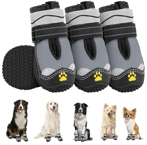 SlowTon Hundeschuhe Pfotenschutz, 4 Stück wasserdichte Hunde Schuhe Outdoor mit Rutschfester Sohle, reflektierendem Klettverschluss Hundestiefel für kleine mittlere große Hunde Winter(S-Grau, Size 6)