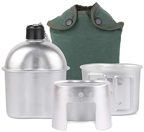 Tidyard Botella de agua militar de acero inoxidable, 3 piezas, juego de utensilios de cocina, taza de cantina militar, taza de cocina de leña con bolsa para camping, senderismo mochila